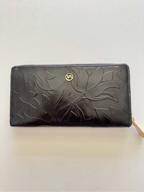 Valentina Black Floral Embossed Leather Zip Wallet